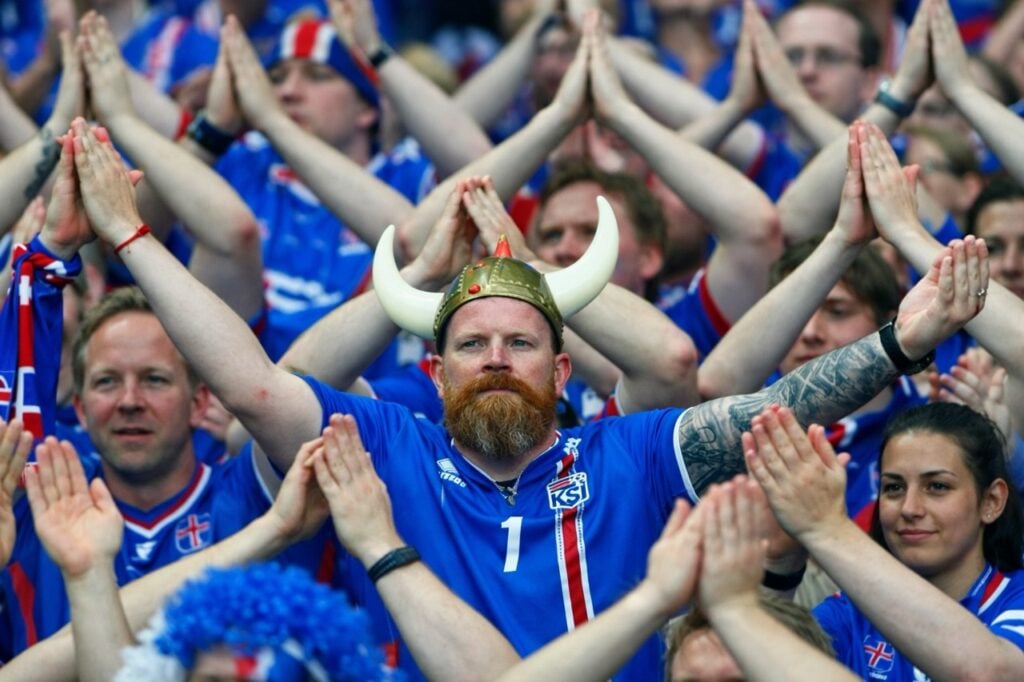 Icelanding viking clap Large - BrandLens Showing Icelandic fans doing the Viking Clap at the FIFA World Cup Game
