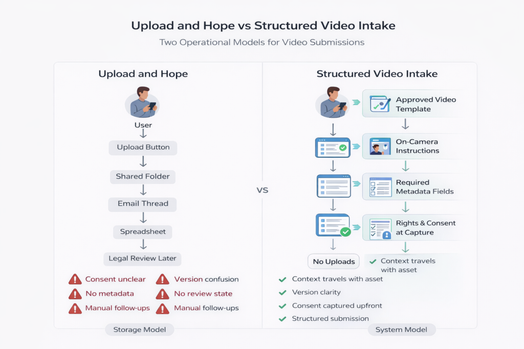 Upload and Hope vs Structured Video Intake - BrandLens Upload and Hope vs Structured Video Intake for Video Submissions