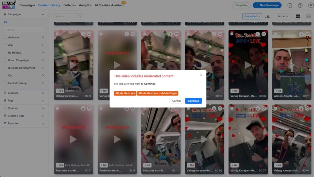 Screenshot - BrandLens BrandLens UGC Platform content moderation tagged potentially harmful content. "Rude Gestures"