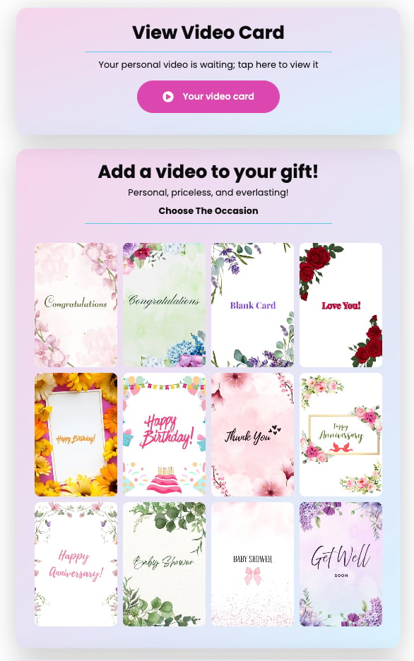 Screenshot - BrandLens Personalized video gifting experience showing digital greeting card templates and guided video message participation for birthdays, anniversaries, celebrations, and special occasions.