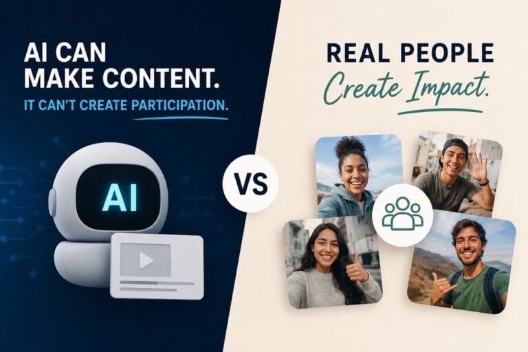 AI-generated content versus real user participation illustration showing why authentic user-generated content builds trust