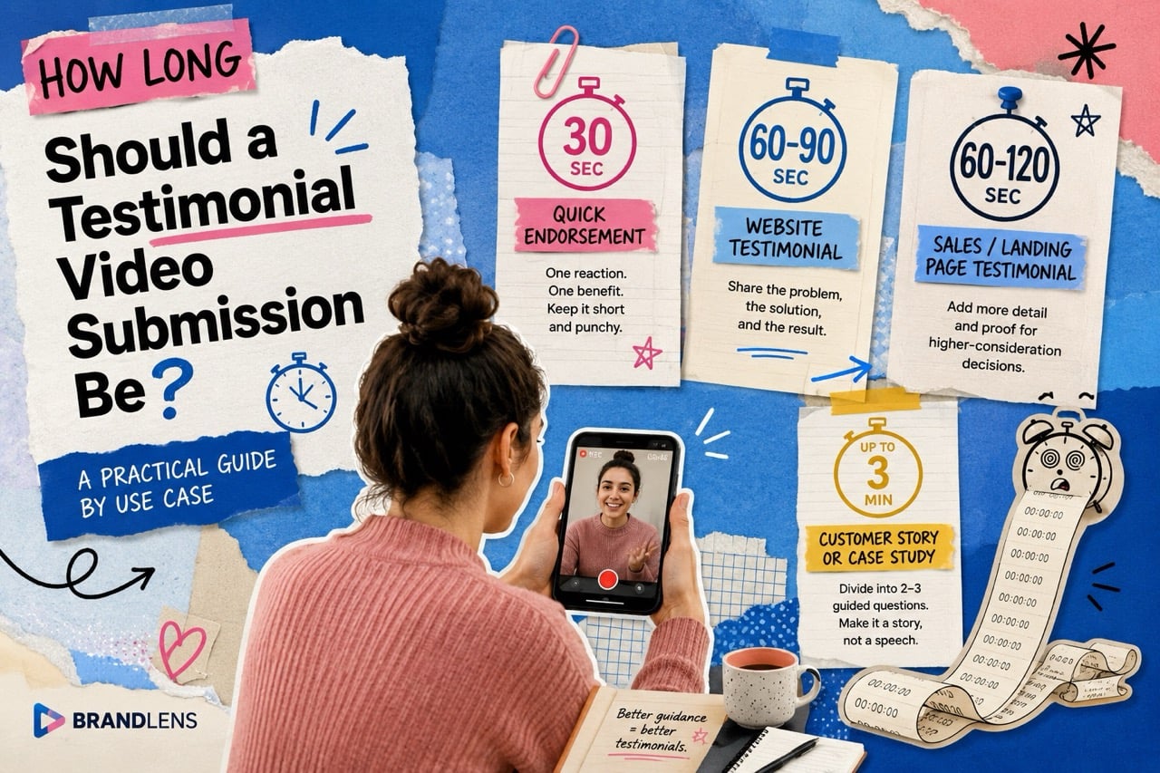 How Long Should a Testimonial Video Submission Be? - BrandLens Woman recording a customer testimonial video on her phone beside visual guides for 30-second, 60–90-second, 60–120-second, and three-minute submissions.