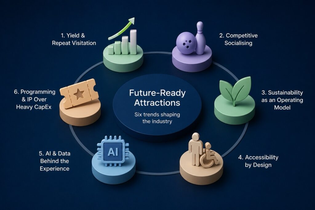Six Attractions Industry Trends Shaping 2027 - BrandLens Infographic showing six attractions industry trends shaping 2027, including repeat visitation, competitive socialising, sustainability, accessibility, AI, and programming.