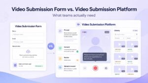 Featured image comparing a basic video submission form with a full video submission platform, showing guided prompts, consent capture, review status, and an organized video library.