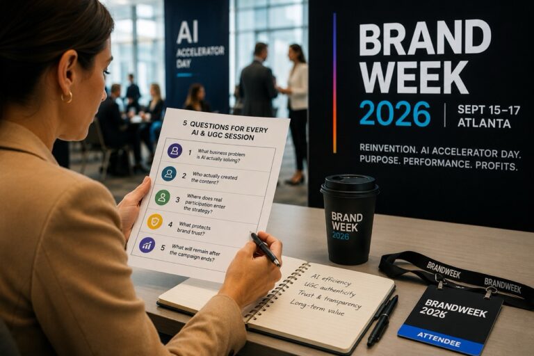 Marketing professional reviewing a five-question AI and user-generated content evaluation framework before attending Brandweek 2026 in Atlanta.