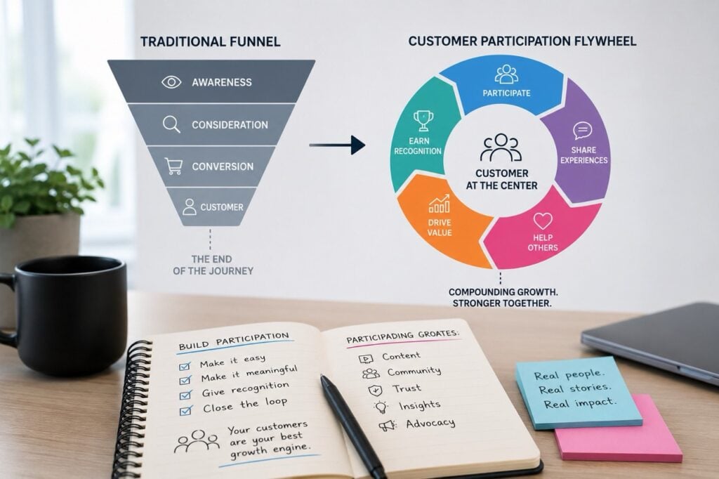 Customer Participation Flywheel vs Traditional Marketing Funnel - BrandLens Infographic comparing a traditional marketing funnel with a customer participation flywheel, showing how community contributions create continuous growth through user-generated content, advocacy, and customer engagement.