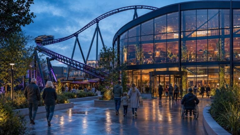 Visitors entering a modern entertainment venue beside a roller coaster, illustrating accessibility, immersive experiences, and attractions industry growth.
