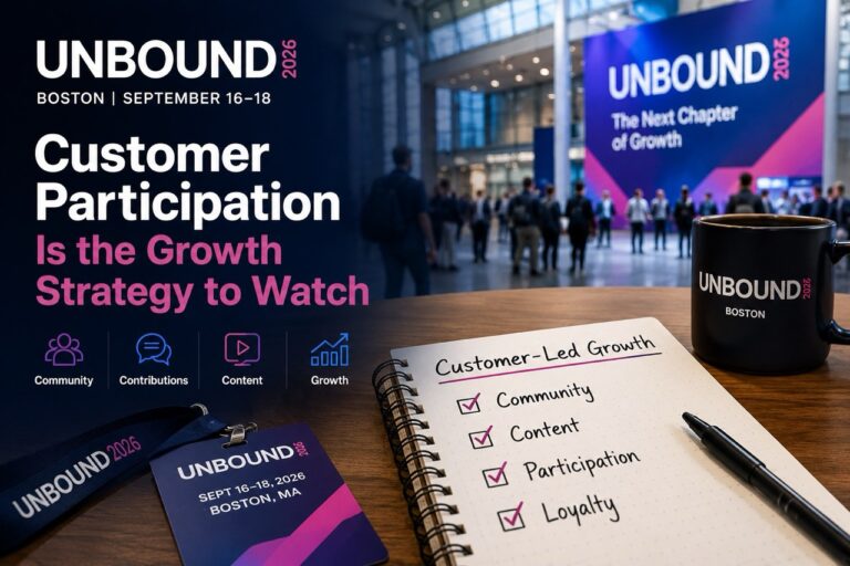 Marketing conference attendee preparing for UNBOUND 2026 with notes about customer participation, community-led growth, user-generated content, and AI strategy.