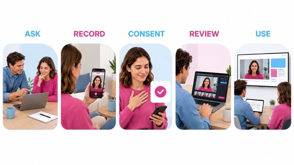 Employee video workflow image - BrandLens Five step employee video collection workflow showing ask, record, consent, review, and use.