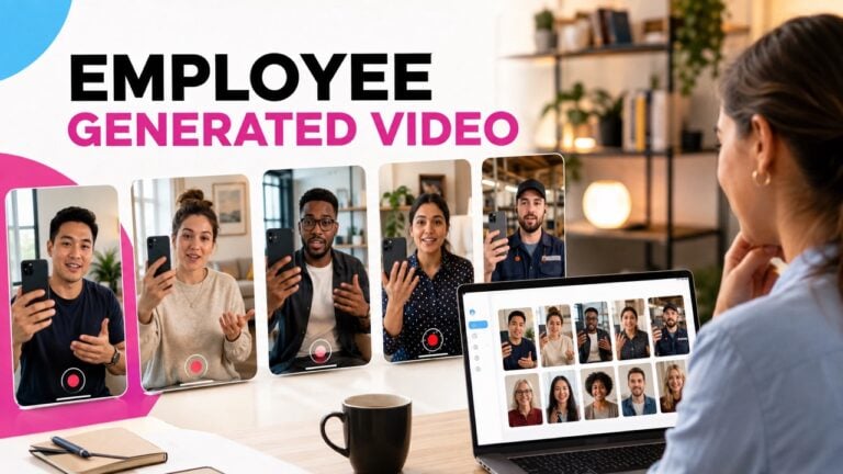 Employee generated video collection with employees recording on phones and a manager reviewing submissions on a laptop.