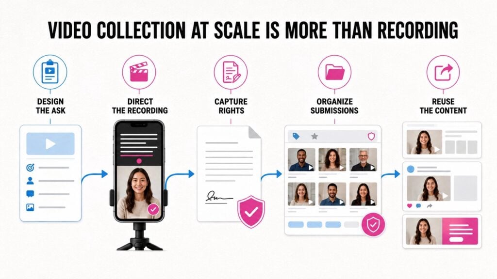 Video Collection at Scale Workflow - BrandLens Five stage video collection workflow covering the ask, recording guidance, rights, organization, and content reuse.