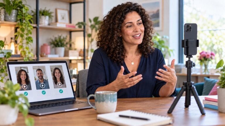 Customer recording a portrait video on a vertical smartphone beside a laptop showing vertical customer videos.
