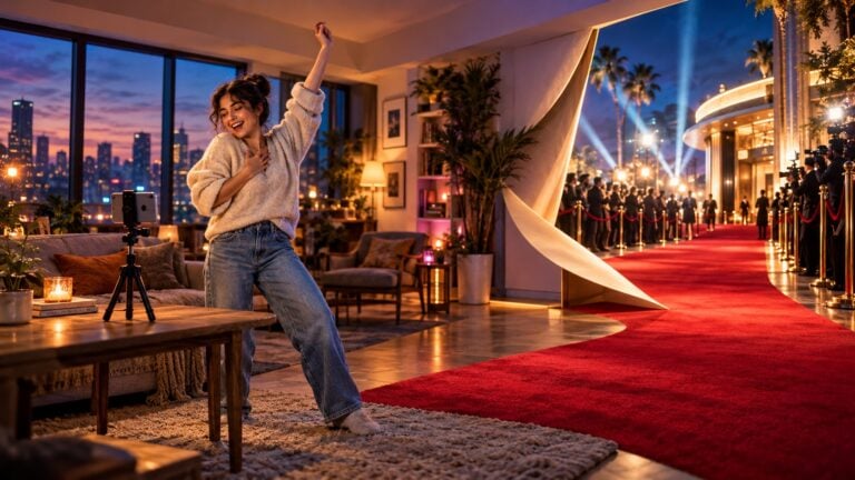 Woman recording a video at home beside an imagined opening onto a movie premiere red carpet.