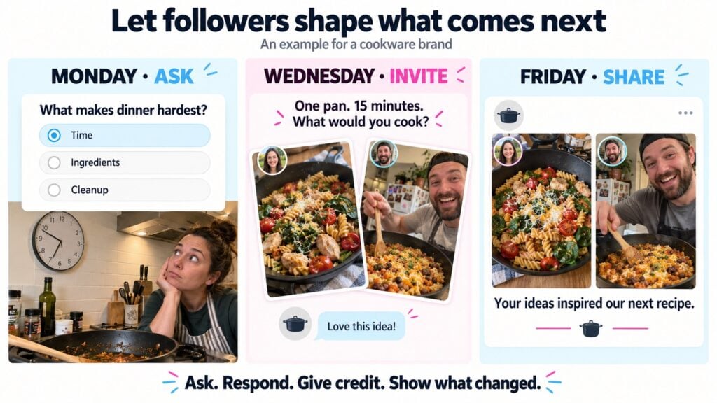 Followers Shape the Next Recipe - BrandLens Weekly engagement example showing a Monday poll, Wednesday follower contributions, and Friday community roundup.