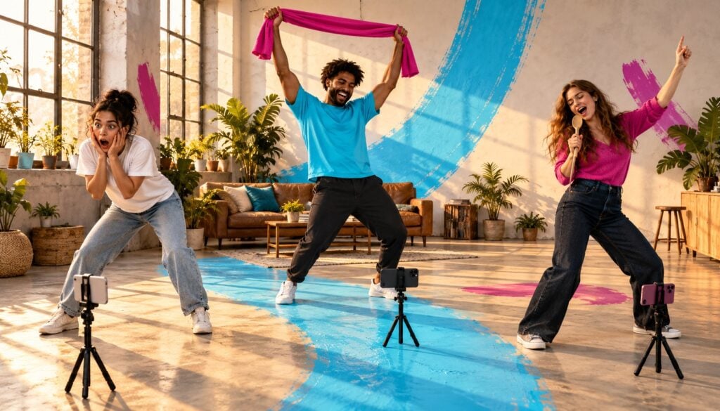 One cue three playful takes - BrandLens Three phones in matching cyan cases display different fan reaction, sports, and lip-sync videos.