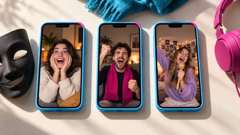 Three fans record a movie reaction, a sports celebration, and a lip-sync performance.