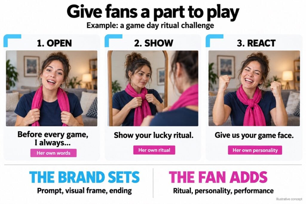Three-step fan ritual storyboard - BrandLens Three storyboard frames show a fan introducing her game day ritual, tying a lucky scarf, and celebrating.