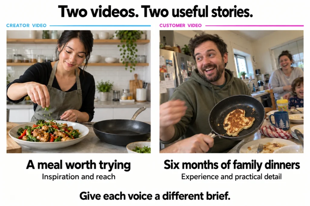 Two videos Two useful stories - BrandLens A cooking creator presents a meal while a customer shares practical experience with a used pan.