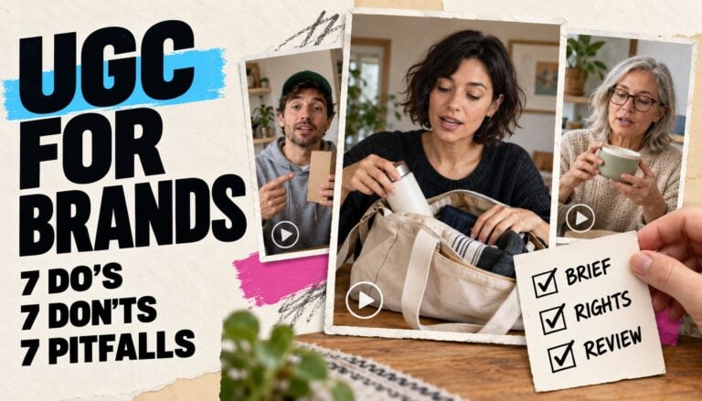 UGC for Brands: 7 do’s, 7 don’ts and 7 pitfalls, beside customer video examples and a Brief, Rights, Review checklist.