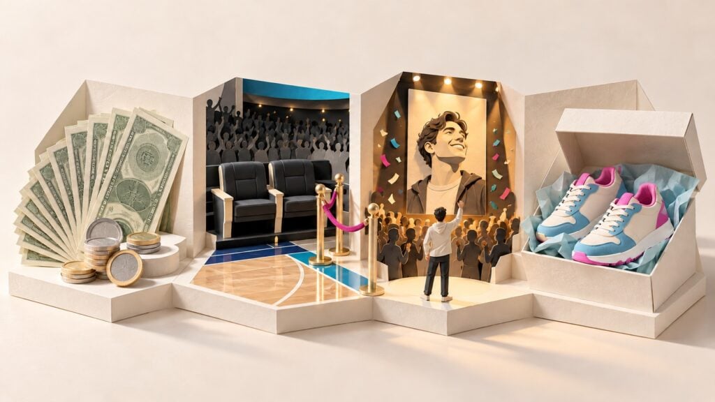 Four Types of Rewards for UGC Contests - BrandLens Paper scenes showing cash, courtside seats, a fan portrait in the spotlight, and sneakers as contest rewards.