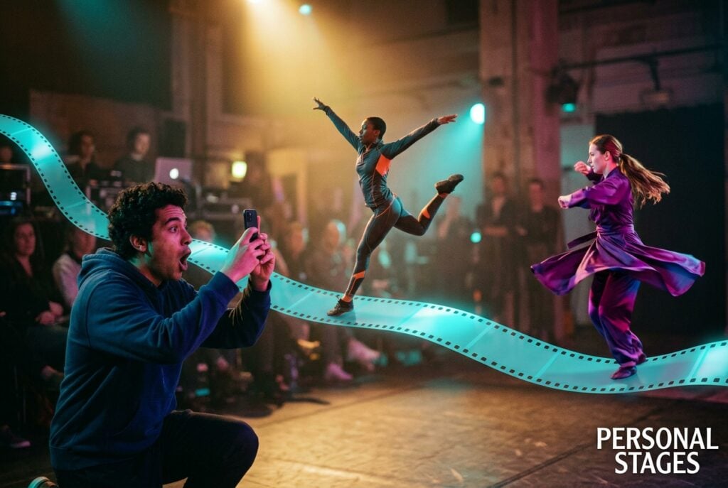 A cyan filmstrip forms one flowing stage linking three perso - BrandLens Man in a blue hoodie crouches and films dancers with a smartphone as they leap across a glowing film-strip backdrop on stage.