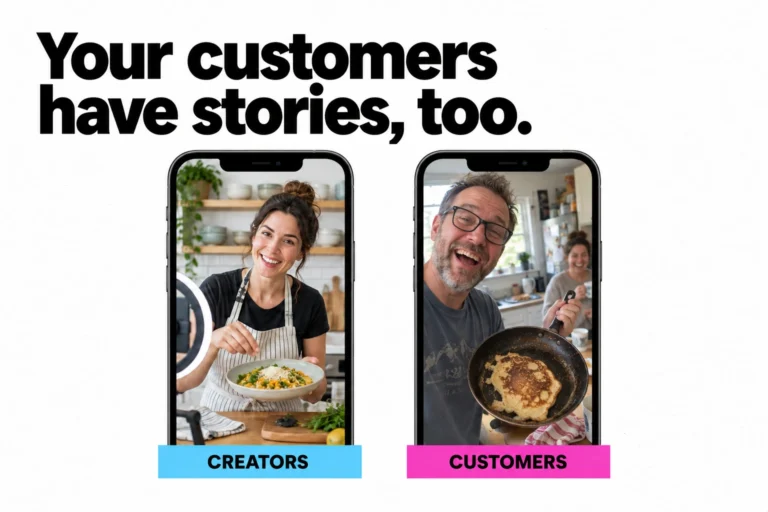 Creator and customer videos shown side by side on smartphones.